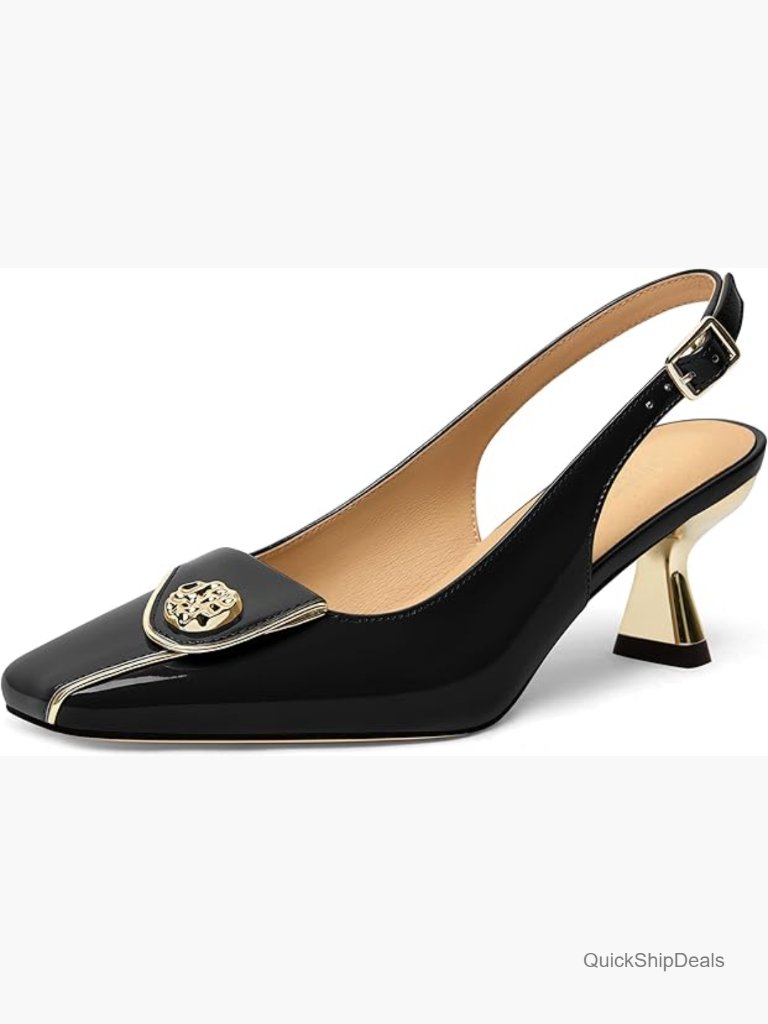 Slingback Kitten Heel Pumps With Square Toe And Patent Finish